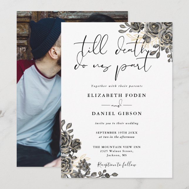 Elegant Chic Gotiska Rosor Blommig Foto Bröllop Inbjudningar (Fram/baksida)