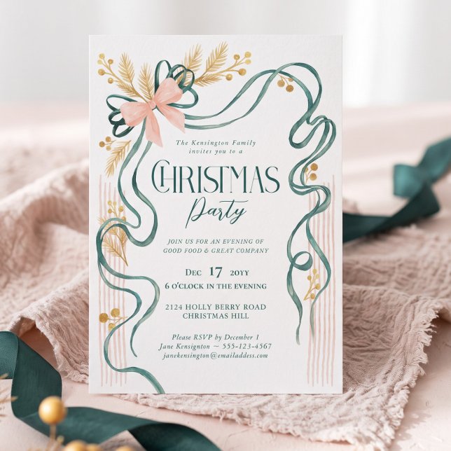 Elegant Chic Grön Rosa Bow Band Julfest Inbjudningar (Elegant Chic Green Pink Bow Ribbon Christmas Party Invitation)