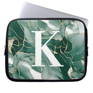 Elegant Chic Grönt Guld marble Agate Monogram Laptop Fodral