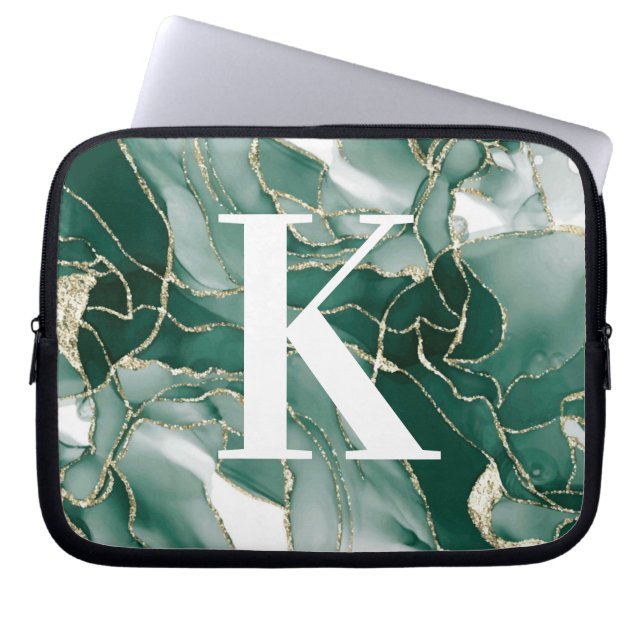 Elegant Chic Grönt Guld marble Agate Monogram Laptop Fodral (Framsidan)