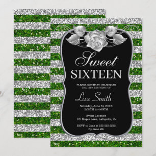 Elegant Chic Grönt Silver Glitter Ro Sverige 16 Inbjudningar
