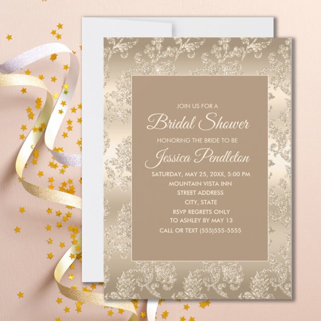 Elegant Chic Guld Champagne Vintage Möhippa Inbjudningar (Gold damask bridal shower invitation
)