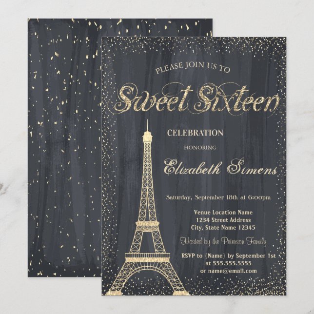 Elegant Chic Guld Eiffeltorn Konfetti  Sweet 16 Inbjudningar (Fram/baksida)