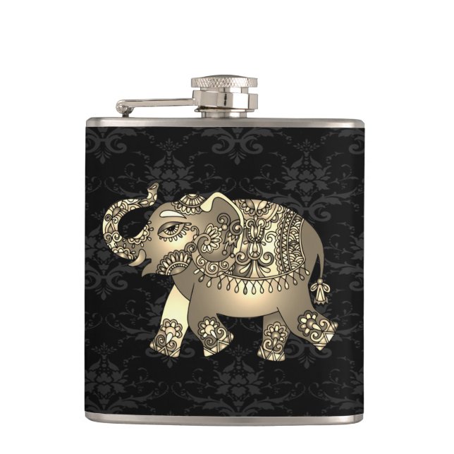 Elegant Chic Guld Elephant Blommigt, Black Damask Fickplunta (Framsidan)