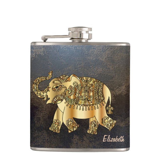 Elegant Chic Guld Elephant Blommigt, läderutseende Fickplunta (Framsidan)