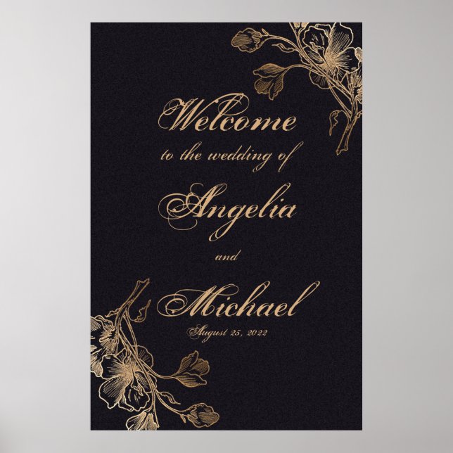 Elegant Chic Guld Falskt Metall Blommig Bröllop Poster (Framsidan)