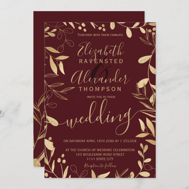 Elegant chic guld folie vinröd blomsterbröllop inbjudningar (Fram/baksida)
