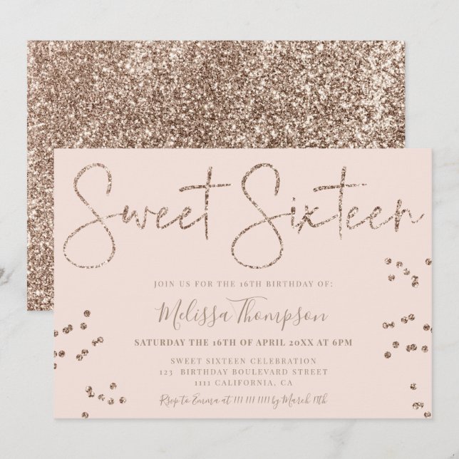 Elegant chic guld glitter skript rosa Sweet 16 Inbjudningar (Fram/baksida)