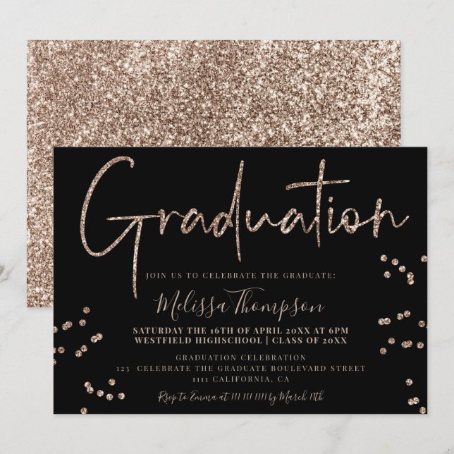 Elegant chic guld glitter, svart studenten inbjudningar (Fram/baksida)