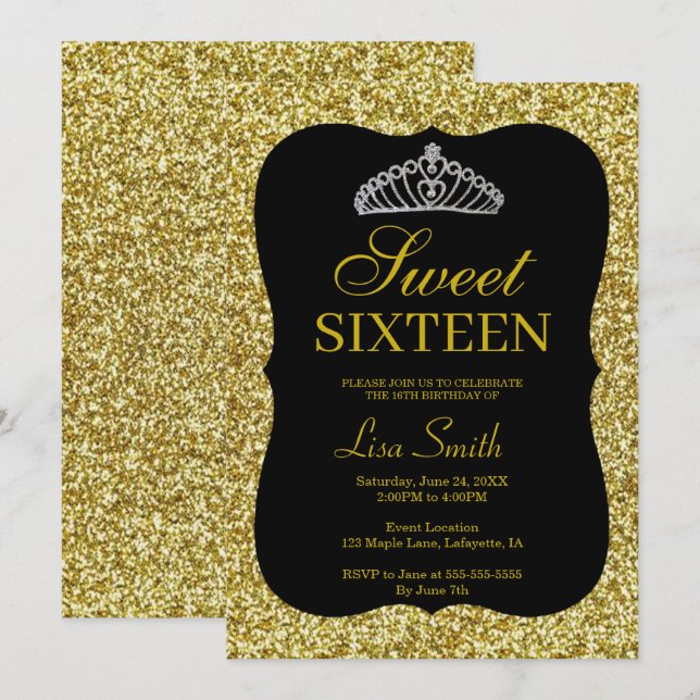 Elegant Chic Guld Glitter Tiara Sweet 16 Inbjudningar (Fram/baksida)