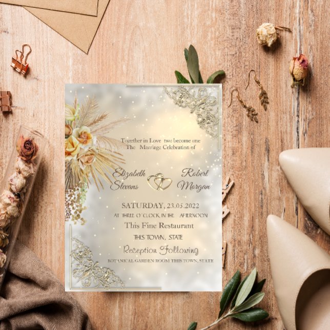 Elegant Chic Guld Hjärtan Boho Blommor Bröllop Inbjudningar (Skapare uppladdad)