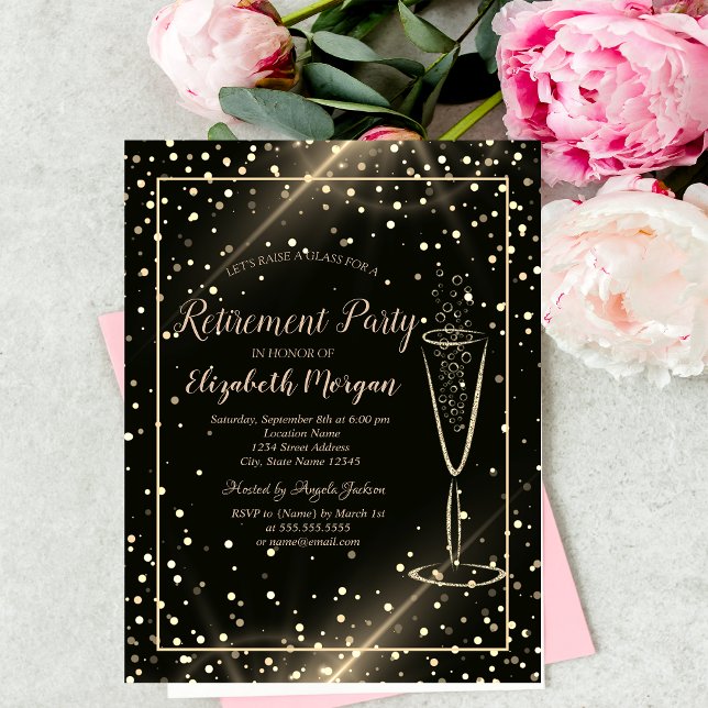 Elegant Chic Guld Konfetti Vin Glas Pensionering Inbjudningar (Skapare uppladdad)