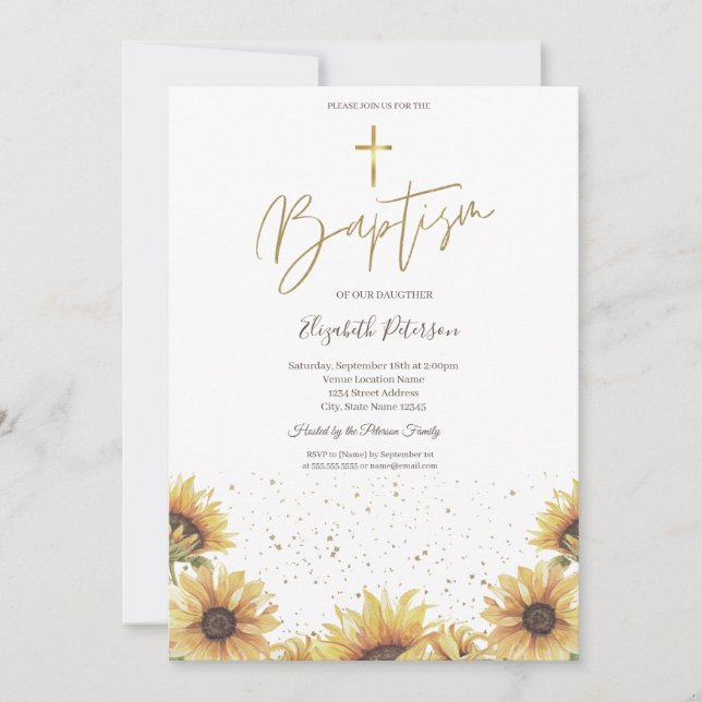 Elegant Chic Guld Kors Solroser Dop  Inbjudningar (Framsida)