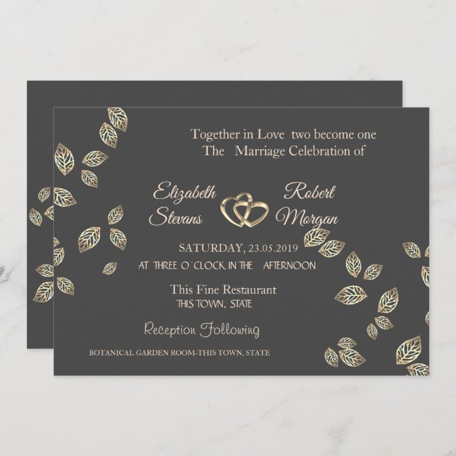 Elegant Chic Guld Lövs bröllopsinbjudan Inbjudningar (Fram/baksida)