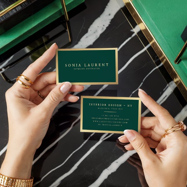 Elegant chic guld metallisk grönt för  av skog visitkort (Elegant chic gold metallic forest green minimalist)