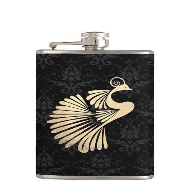 Elegant Chic Guld Påfågel, Svart Damast Fickplunta (Framsidan)