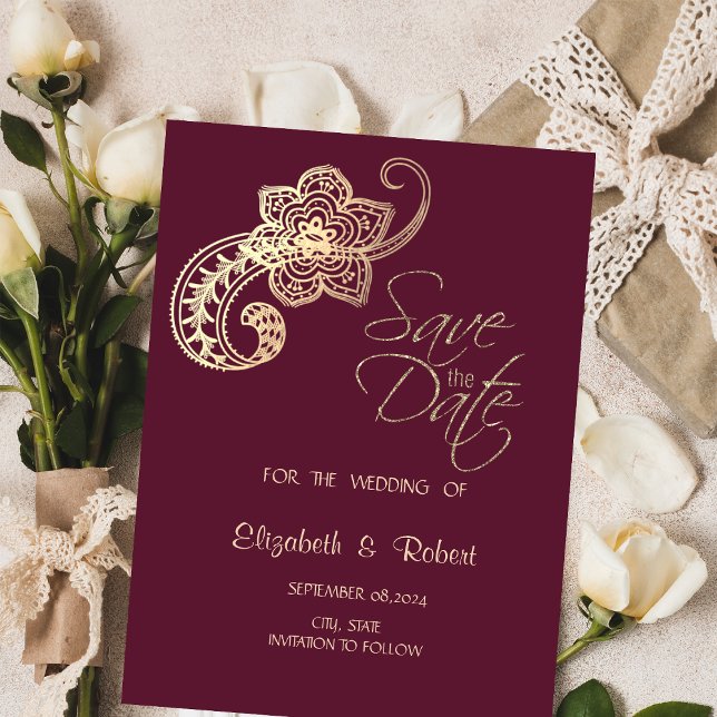 Elegant Chic Guld Paisley Burgunder Save The Spara Datumet (Skapare uppladdad)
