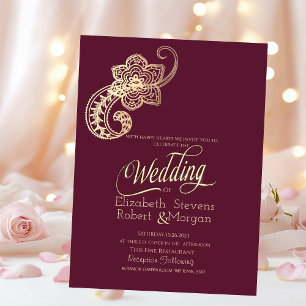 Elegant Chic Guld Paisley Burgundy Bröllop Inbjudningar
