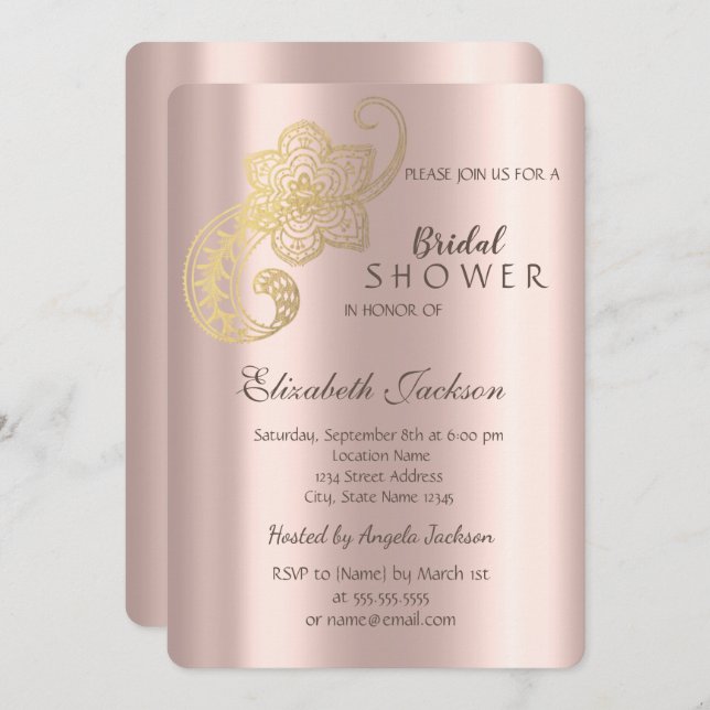 Elegant Chic Guld Paisley Ro Guld Möhippa Inbjudningar (Fram/baksida)