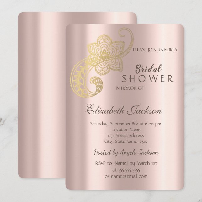 Elegant Chic Guld Paisley Rosa Guld Bröllopsdusch  Inbjudningar (Fram/baksida)