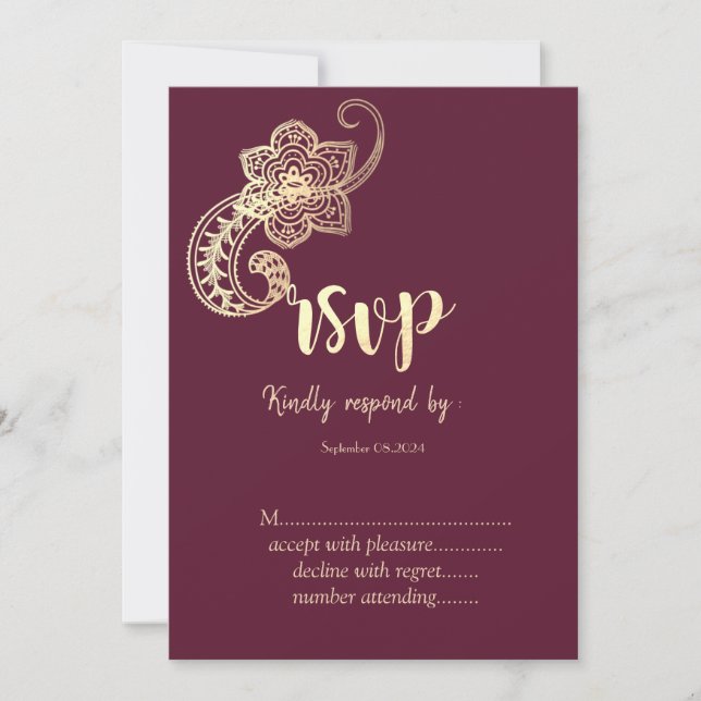 Elegant Chic Guld Paisley RSVP    Inbjudningar (Framsida)