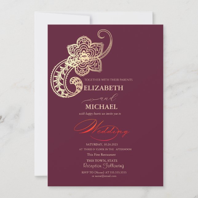 Elegant Chic Guld Paisley Script Bröllop Inbjudningar (Framsida)