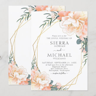Elegant Chic Guld Peach Cream Blommigt Bröllop Inbjudningar