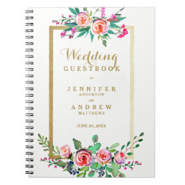Elegant chic guld- rosa blom- bröllopGuestbook Anteckningsbok Med Spiral