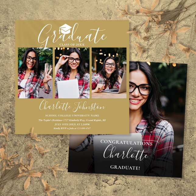 Elegant Chic Guld Script 4 Foto Examenfest  Inbjudningar (Elegant Chic Gold Script 4 Photo Graduation Party Invitation)