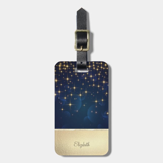 Elegant Chic Guld Stjärnor Marinblå Bagagebricka (Vertikal Framsida)