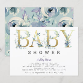 Elegant Chic Guld Teal Blåa blommor Baby Shower Inbjudningar