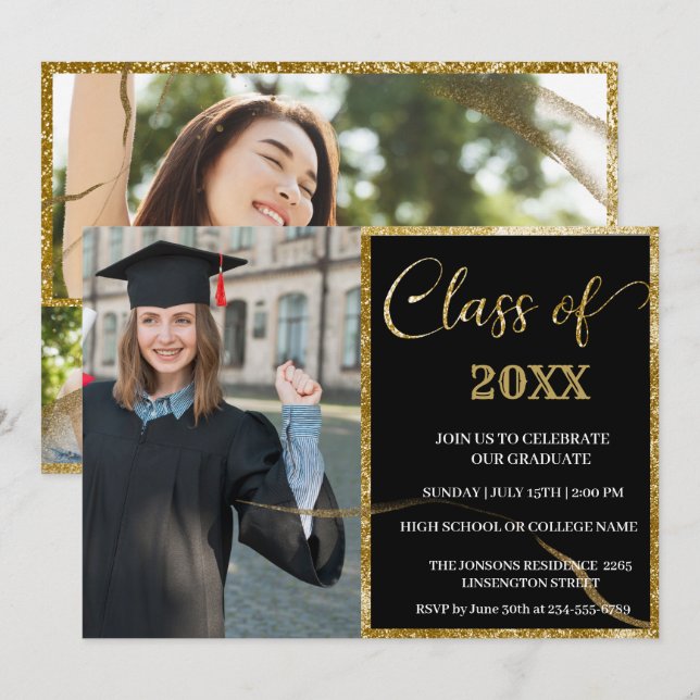 Elegant chic guldfärgad och svart studenten inbjudningar (Fram/baksida)