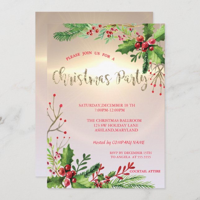 Elegant Chic Holly Berries Company jul Party Inbjudningar (Fram/baksida)