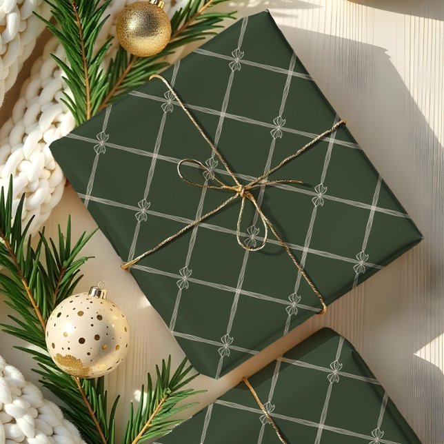 Elegant Chic julfack och Ribbon Mönster Grönt Presentpapper (Elegant Chic Christmas Bow & Ribbon Pattern Green Wrapping Paper)