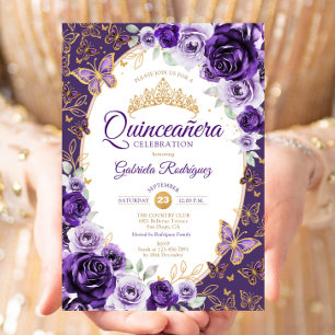 Elegant Chic Lila Guld Blommig Quinceanera Inbjudningar