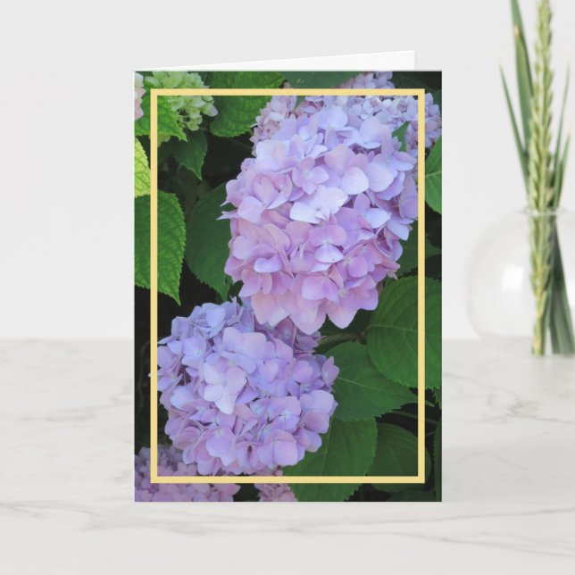 Elegant Chic Lila Hydrangeas Flowers Guld Ram Kort (Framsida)