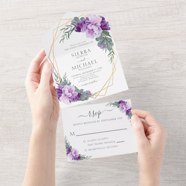 Elegant Chic Lila och Guld Blommigt Bröllop (Avrivbar del)
