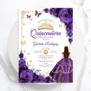 Elegant Chic Lila Ro Guld Quinceanera Inbjudningar