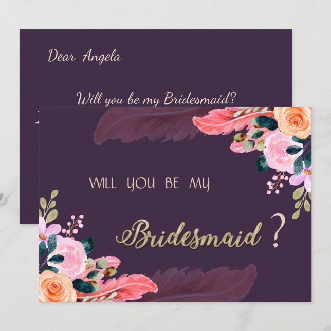 Elegant Chic Lila Rosor Fjäder Inbjudningar (Fram/baksida)