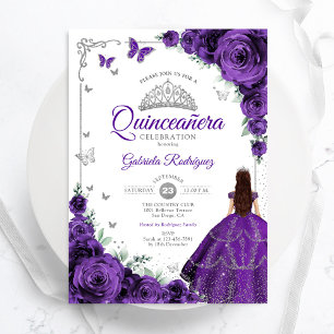 Elegant Chic Lila Silver Blommigt Quinceanera Inbjudningar