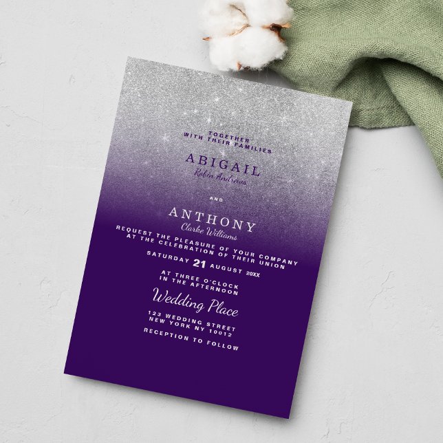 Elegant chic lila silver glitter bröllop inbjudningar (Elegant chic purple silver glitter ombre wedding invitation )