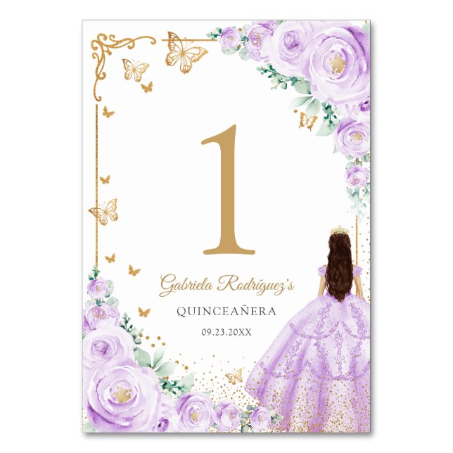 Elegant Chic Lilac Purple Gold Quinceanera Bordsnummer (Framsidan)