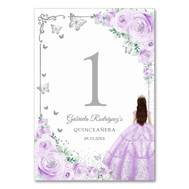 Elegant Chic Lilac Purple Roses Silver Quinceanera Bordsnummer (Framsidan)