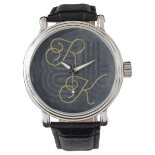 Elegant Chic Luxury Charcol Black & Guld Monogram Armbandsur