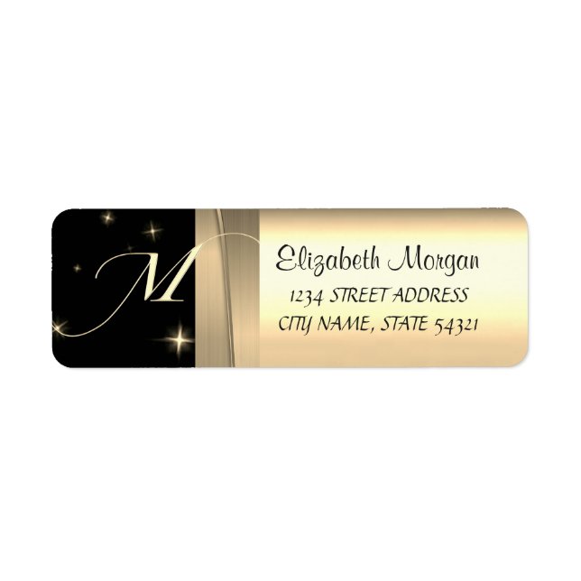 Elegant Chic Lyx, Falskt Guld, Svart, Monogram Returadress Etikett (Framsidan)