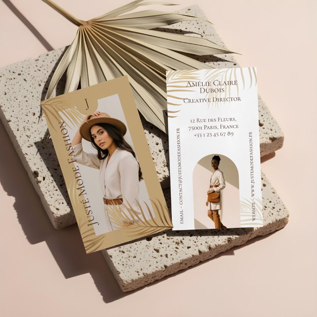 Elegant Chic Lyx Guld Palmträd Foto Monogram Visitkort (Chic Elegant Luxury Gold Palm Tree Photo Monogram Business Card)