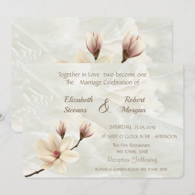 Elegant Chic Magnolia, inbjudan till Marble Weddin (Fram/baksida)