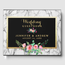 Elegant Chic Marble Black Guld Rosa Blommigt Bröll Gästböcker