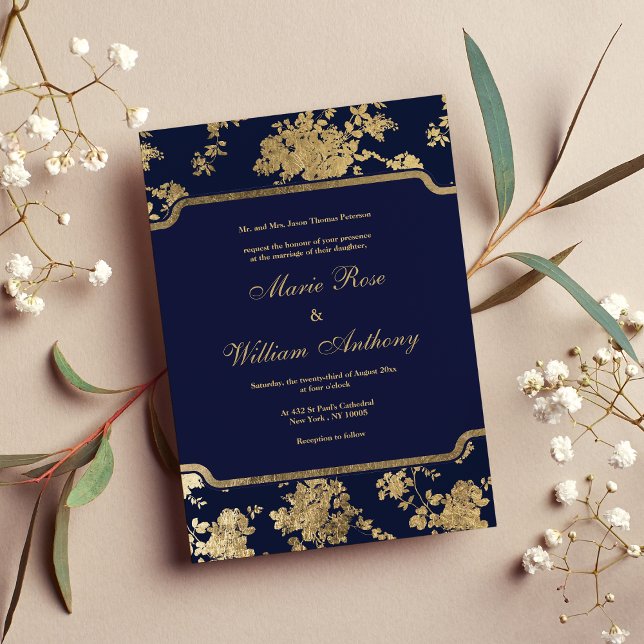 Elegant chic marinblå faux guld blommigt Bröllop Inbjudningar (Elegant chic navy blue faux gold floral Wedding Invitation)