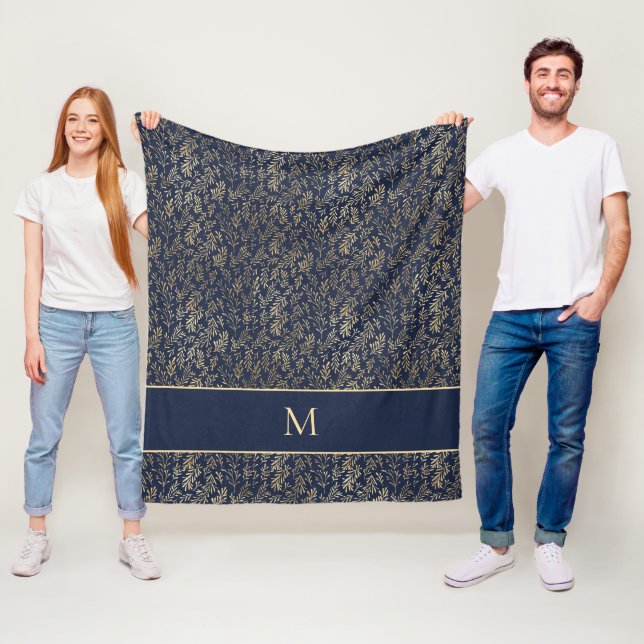 Elegant Chic Marinblå Guldblad Monogram Fleecefilt (På plats)